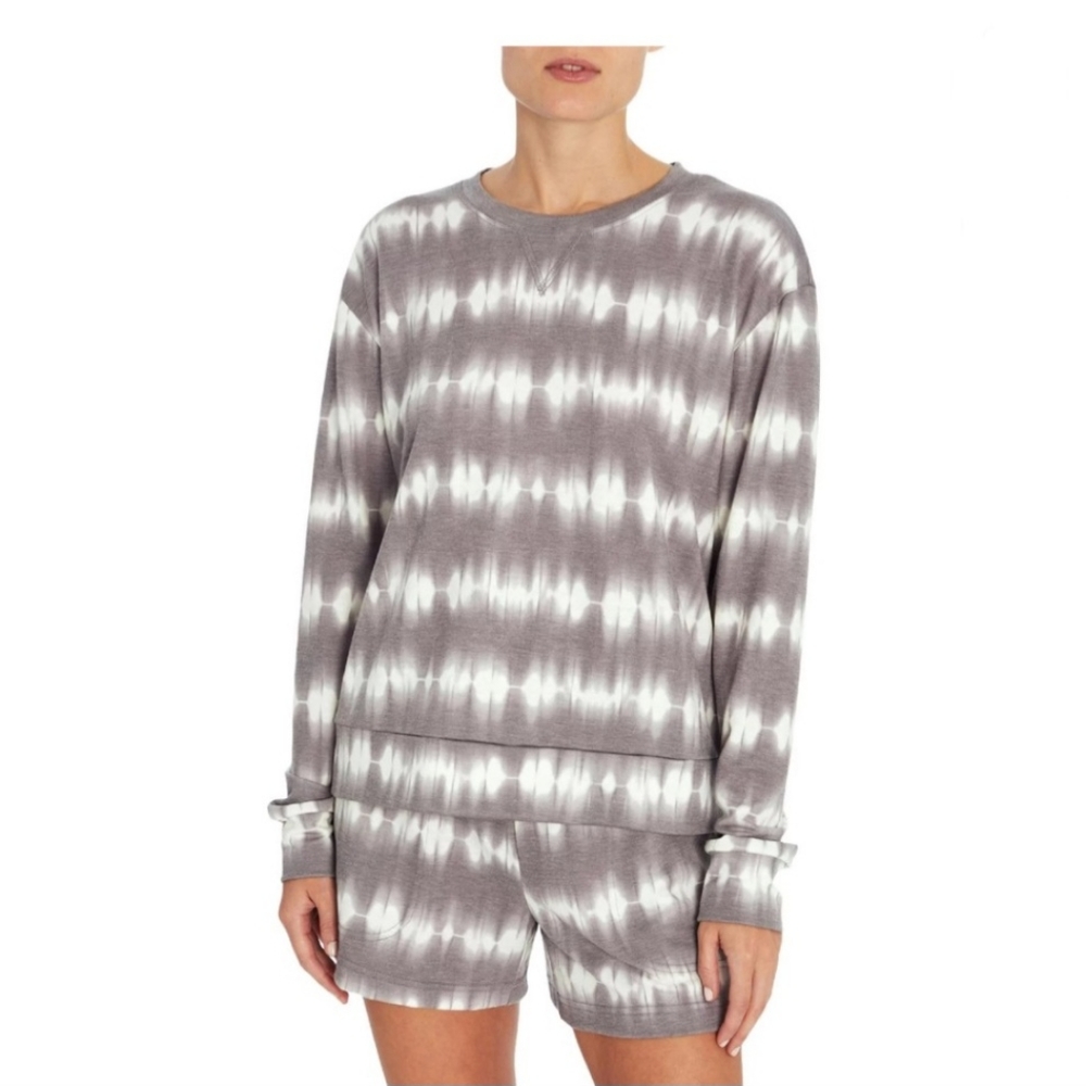 THREE Dots Women's French Terry TieDye Print Relaxed pullover- Gray/white Small